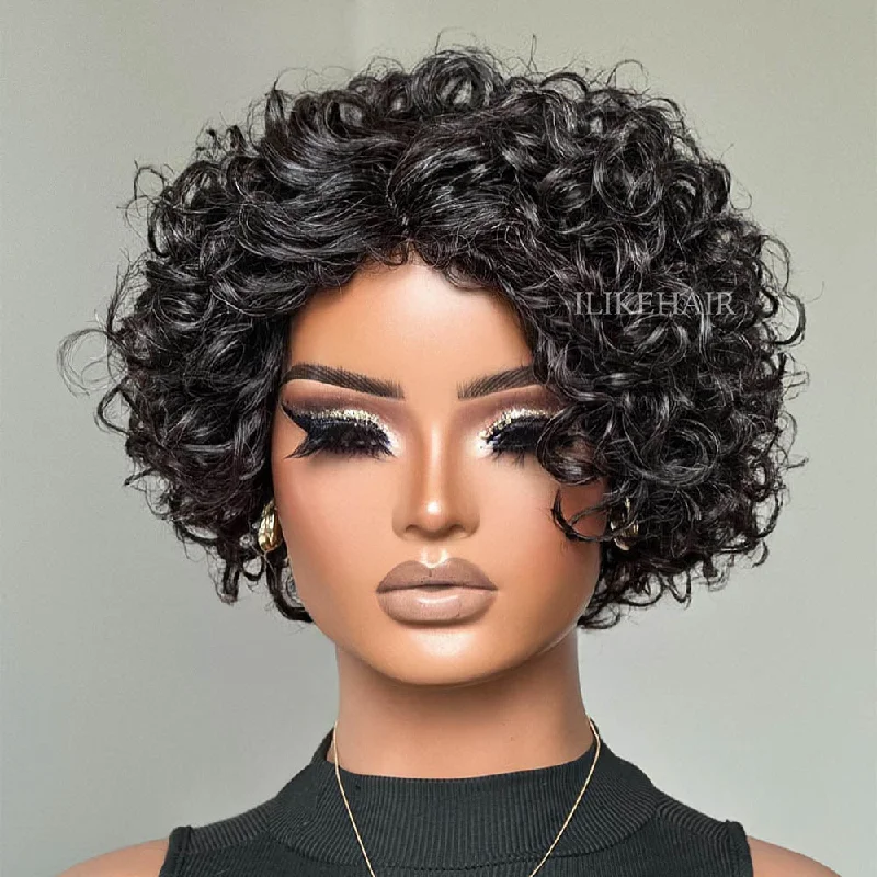Colored wig with a wispy fringe for a soft and feminine look Dark Salt & Pepper Rose Curly Bob Glueless Human Hair Wig Colored wig with a wispy fringe for a soft and feminine look Dark Salt & Pepper Rose Curly Bob Glueless Human Hair Wig