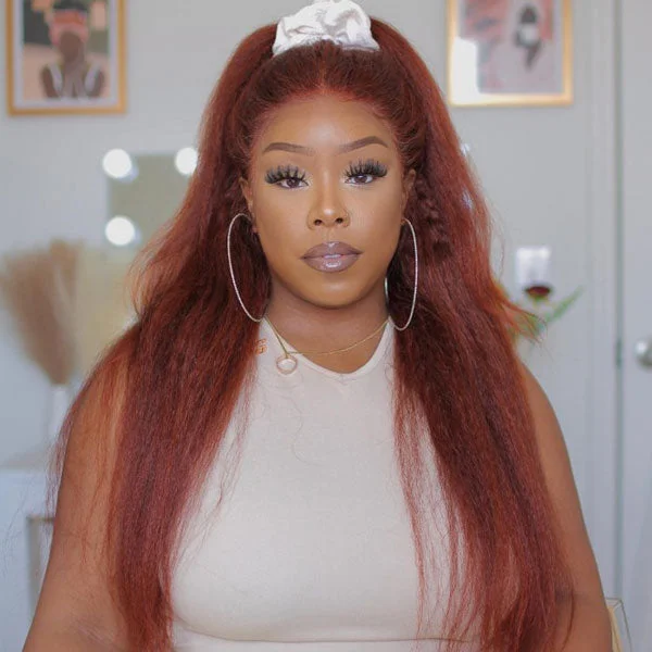Colored wig with a natural - looking root for a more realistic look Junoda Reddish Brown Kinky Straight Wear & Go Wig 6x4.5 Pre Cut Lace Colored Glueless Wig Colored wig with a natural - looking root for a more realistic look Junoda Reddish Brown Kinky Straight Wear & Go Wig 6x4.5 Pre Cut Lace Colored Glueless Wig