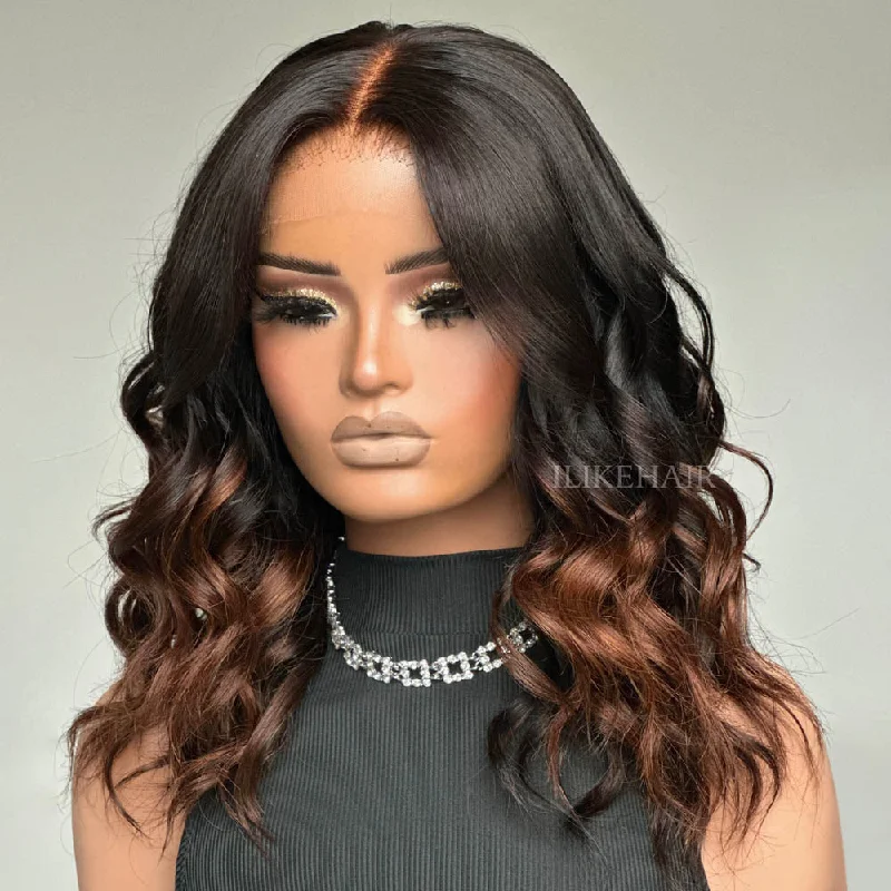 Colored wig with a side - swept bang for a sophisticated look Medium Length Ombre Brown Wavy 5x5 Lace Closure Wig Colored wig with a side - swept bang for a sophisticated look Medium Length Ombre Brown Wavy 5x5 Lace Closure Wig