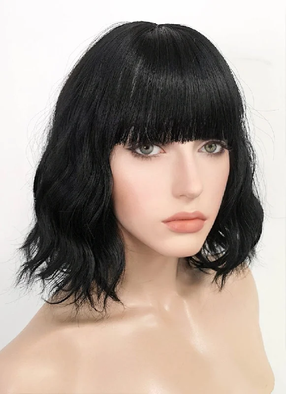 Wavy Wigs with Side - Swept Bangs​ Black Wavy Bob Synthetic Wig NS152