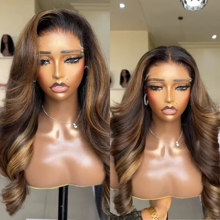 Colored wig with a side - part for a more flattering appearance Blonde Mix Brown Highlight Body Wave Lace Human Hair Wig Colored wig with a side - part for a more flattering appearance Blonde Mix Brown Highlight Body Wave Lace Human Hair Wig