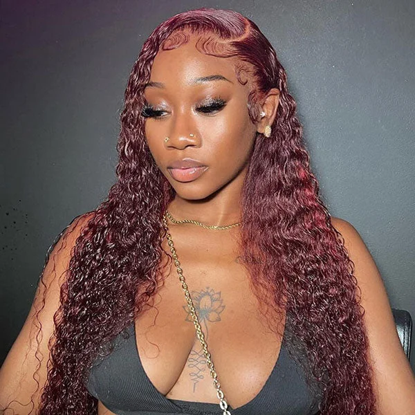 Synthetic colored wig with a heat - resistant formula for easy styling Junoda 99J Colored Jerry Curly Wear Go Wig Burgundy Red Pre Cut Lace Plucked Bleached Glueless Wig Synthetic colored wig with a heat - resistant formula for easy styling Junoda 99J Colored Jerry Curly Wear Go Wig Burgundy Red Pre Cut Lace Plucked Bleached Glueless Wig