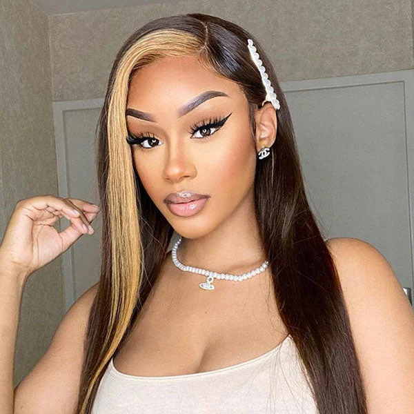 Colored wig with a natural - looking root for a more realistic look Junoda Skunk Stripe Blonde with Brown Hair Straight Human Hair Wigs Colored Lace Wig Colored wig with a natural - looking root for a more realistic look Junoda Skunk Stripe Blonde with Brown Hair Straight Human Hair Wigs Colored Lace Wig