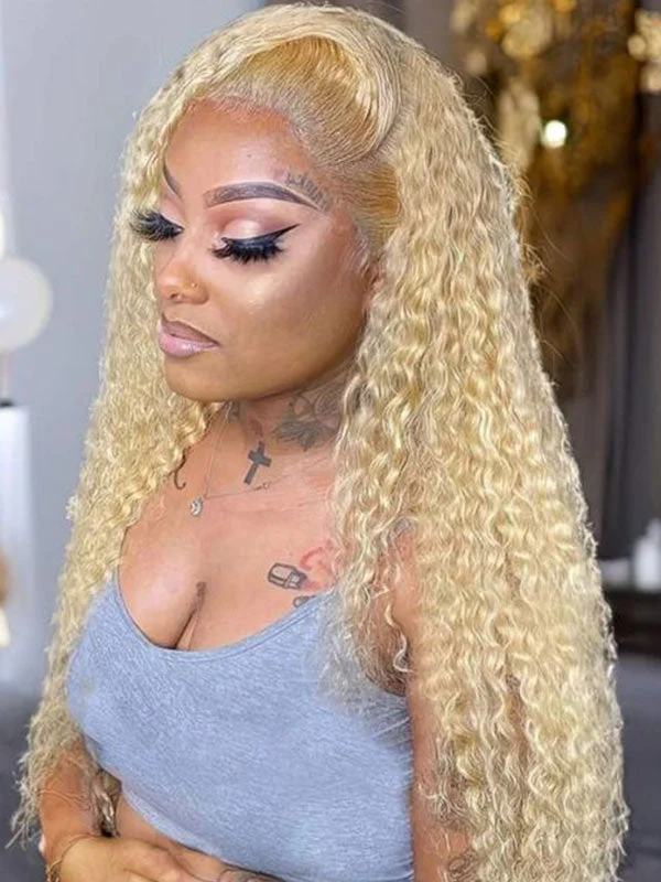 Colored wig with a side - part for a more flattering appearance Junoda 613 Honey Blonde Curly Human Hair Wigs Long Lace Front Wig for Women Colored wig with a side - part for a more flattering appearance Junoda 613 Honey Blonde Curly Human Hair Wigs Long Lace Front Wig for Women