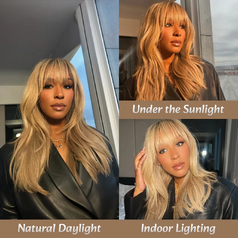 Colored wig with a purple - violet shade for a regal and elegant look Effortless Chic Naturally Layers Wigs: Honey Brown Hair Wig Put On & Go with Bangs Colored wig with a purple - violet shade for a regal and elegant look Effortless Chic Naturally Layers Wigs: Honey Brown Hair Wig Put On & Go with Bangs