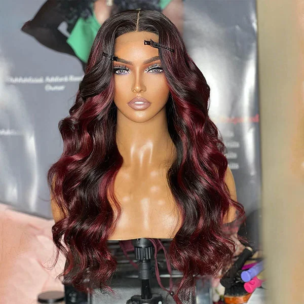 Colored wig with a purple - violet shade for a regal and elegant look Junoda Balayage P1B/99J Highlight Body Wave Wig Piano Color Burgundy Red Lace Frontal Wig Colored wig with a purple - violet shade for a regal and elegant look Junoda Balayage P1B/99J Highlight Body Wave Wig Piano Color Burgundy Red Lace Frontal Wig