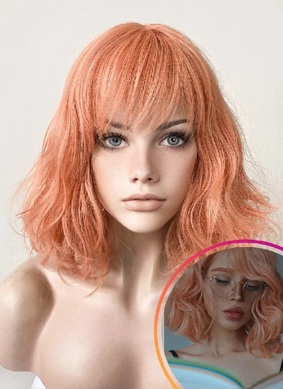 Ombre Wavy Wigs with Gradient Colors Pastel Peach Pink Wavy Bob Synthetic Wig CM197 Ombre Wavy Wigs with Gradient Colors Pastel Peach Pink Wavy Bob Synthetic Wig CM197