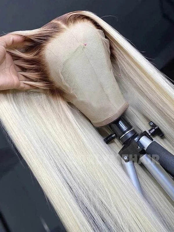 Colored wig with a pre - plucked hairline for a more natural look Junoda Ombre Human Hair Wigs Brown 613 Honey Blone Color Straight Lace Frontal Wig Colored wig with a pre - plucked hairline for a more natural look Junoda Ombre Human Hair Wigs Brown 613 Honey Blone Color Straight Lace Frontal Wig