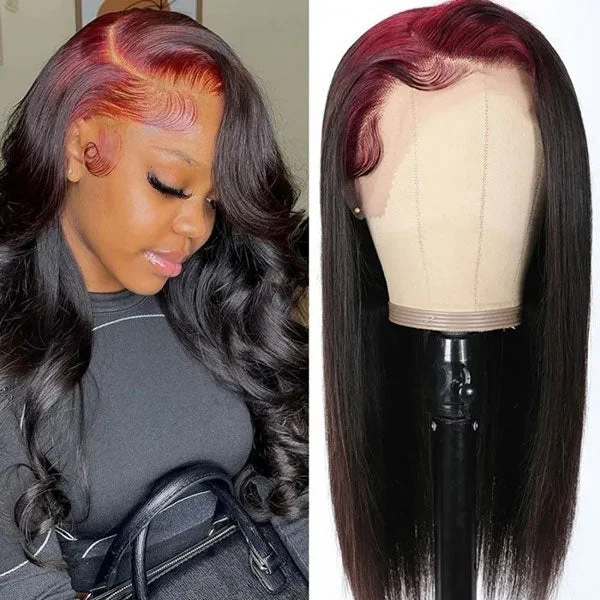 Colored wig with a wavy texture for a beachy and fun look Junoda 99J Burgundy Roots On Black Hair Skunk Straight Lace Front Wig Billie Eilish Style Colored wig with a wavy texture for a beachy and fun look Junoda 99J Burgundy Roots On Black Hair Skunk Straight Lace Front Wig Billie Eilish Style