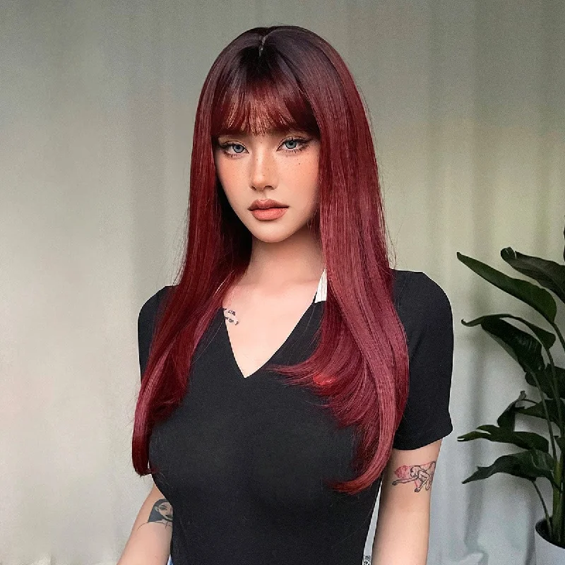 Thinning straight wig for a more natural and lightweight feel 3 Shades 24 Inches Straight Cut With Bangs Synthetic Wig - Rufina Thinning straight wig for a more natural and lightweight feel 3 Shades 24 Inches Straight Cut With Bangs Synthetic Wig - Rufina