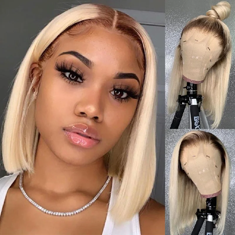 Colored wig with a straight texture for a sleek and minimalist look 613 Honey Blonde Bob Wig with Dark Brown Roots 100% Human Hair