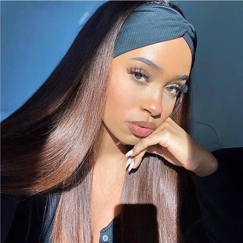 Wavy - to - straight transition wig for versatile styling #4 Chocolate Brown Headband Wig Straight Human Hair Wigs Sterly Headband Wig With Scarf 250% density Wavy - to - straight transition wig for versatile styling #4 Chocolate Brown Headband Wig Straight Human Hair Wigs Sterly Headband Wig With Scarf 250% density
