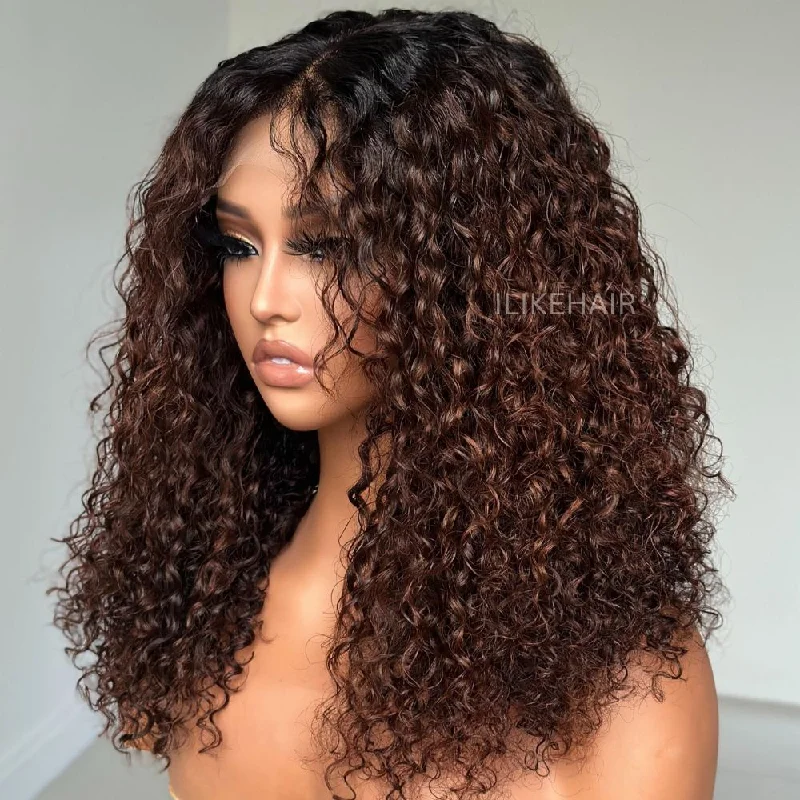 Colored wig with a 150 - density for a full and thick appearance Fall Vibe Ombre Brown Glueless Water Wave Lace Closure Wig Colored wig with a 150 - density for a full and thick appearance Fall Vibe Ombre Brown Glueless Water Wave Lace Closure Wig