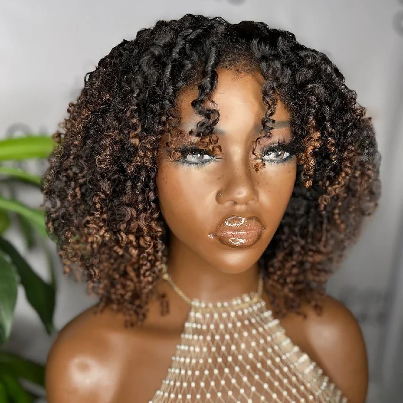 Colored wig with a natural - looking root for a more realistic look Ombre Brown Jerry Curly Bob 5x5 HD Lace Closure With Kinky Edges Wig Colored wig with a natural - looking root for a more realistic look Ombre Brown Jerry Curly Bob 5x5 HD Lace Closure With Kinky Edges Wig