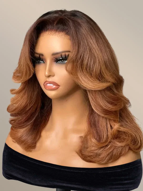 Colored wig with a side - part for a more flattering appearance Wavymy Ombre Brown Layered Wave Wig Wear Go Glueless 7x5 Lace Pre-Plucked Human Hair Wigs Colored wig with a side - part for a more flattering appearance Wavymy Ombre Brown Layered Wave Wig Wear Go Glueless 7x5 Lace Pre-Plucked Human Hair Wigs