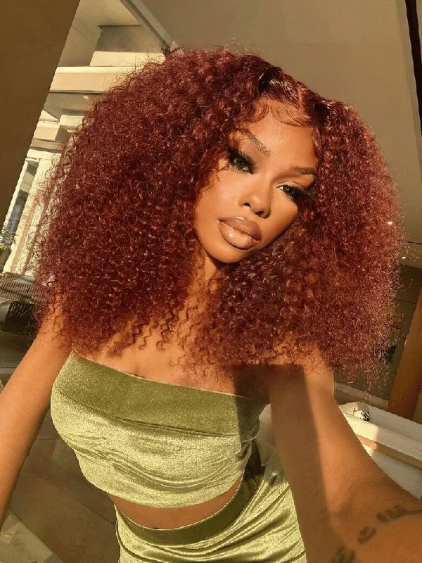 Colored wig with a middle - part for a classic and elegant style Wavymy Reddish Brown Afro Kinky Curly 7x5 Lace Wear & Go Glueless Wigs Dome Cap 180% Density Layered Curly Hairstyle Colored wig with a middle - part for a classic and elegant style Wavymy Reddish Brown Afro Kinky Curly 7x5 Lace Wear & Go Glueless Wigs Dome Cap 180% Density Layered Curly Hairstyle