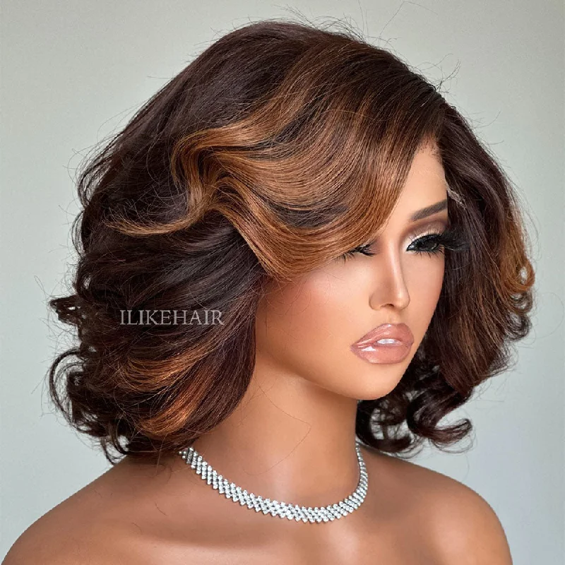 Colored wig with a silk - base cap for a comfortable and smooth feel Fall Vibe Brown Highlight Short Layered Wavy Lace Closure Wig Colored wig with a silk - base cap for a comfortable and smooth feel Fall Vibe Brown Highlight Short Layered Wavy Lace Closure Wig