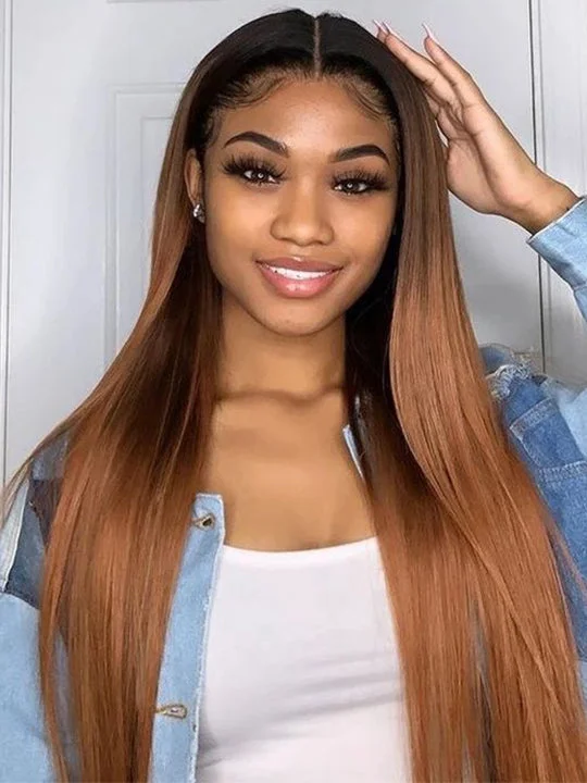 Colored wig with a side - part for a more flattering appearance Brown Wig With Black Roots Ombre 5x5 13x4 13x6 Lace Wigs Straight Human Hair Wigs T1B/30 Colored wig with a side - part for a more flattering appearance Brown Wig With Black Roots Ombre 5x5 13x4 13x6 Lace Wigs Straight Human Hair Wigs T1B/30