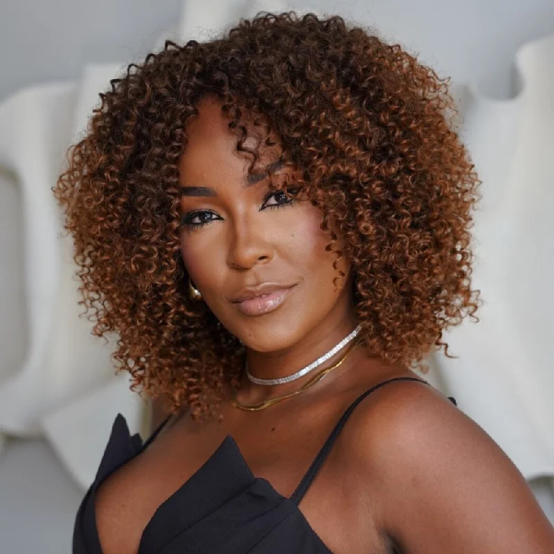 Adjustable - cap colored wig for a comfortable fit Glueless Dark Brown Mix Light Auburn Curly Wig With Bangs Adjustable - cap colored wig for a comfortable fit Glueless Dark Brown Mix Light Auburn Curly Wig With Bangs