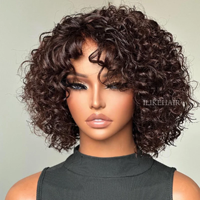 Colored wig with a pre - bleached knot for a natural - looking scalp Glueless Dark Brown Short Curly Bob Lace Closure Wig Colored wig with a pre - bleached knot for a natural - looking scalp Glueless Dark Brown Short Curly Bob Lace Closure Wig