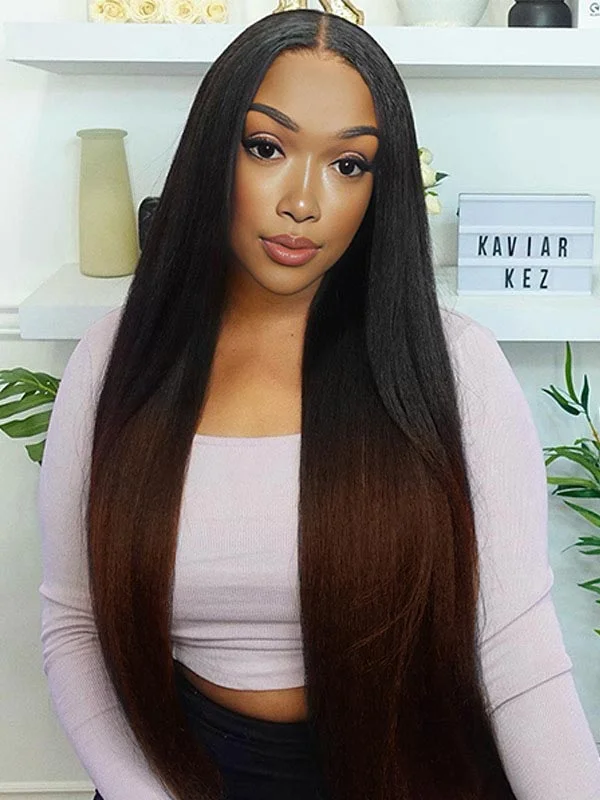 Colored wig with a side - part for a more flattering appearance Junoda T1B/30 Kinky Straight Lace Front Wig Ginger Brown Ombre Human Hair Wigs for Sale Colored wig with a side - part for a more flattering appearance Junoda T1B/30 Kinky Straight Lace Front Wig Ginger Brown Ombre Human Hair Wigs for Sale