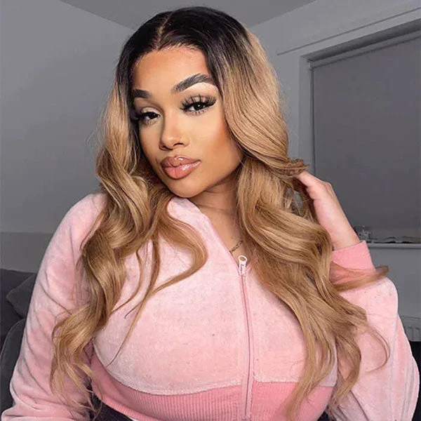 Colored wig with a red - orange hue for a warm and energetic look Junoda Ombre T1B/27 Dark Roots Honey Blonde Body Wave Lace Front Wig For Women Colored wig with a red - orange hue for a warm and energetic look Junoda Ombre T1B/27 Dark Roots Honey Blonde Body Wave Lace Front Wig For Women