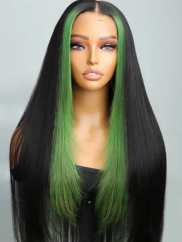 Colored wig with a side - swept bang for a sophisticated look Junoda Skunk Stripe Green Black Straight Wig 180% Density Colored Human Hair Lace Wig Colored wig with a side - swept bang for a sophisticated look Junoda Skunk Stripe Green Black Straight Wig 180% Density Colored Human Hair Lace Wig