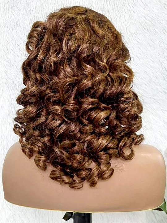 Colored wig with a pre - plucked hairline for a more natural look Egg Roll Curly P4/27 Highlight 13x4 HD Transparent Lace Frontal Wigs 14A Human Hair Colored wig with a pre - plucked hairline for a more natural look Egg Roll Curly P4/27 Highlight 13x4 HD Transparent Lace Frontal Wigs 14A Human Hair