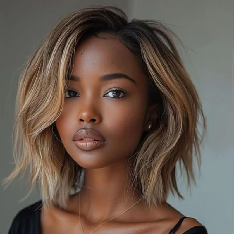 Colored wig with a pre - bleached knot for a natural - looking scalp Trendy Blonde Highlight Layered Cut Wavy Bob 13x4 Lace Wig Colored wig with a pre - bleached knot for a natural - looking scalp Trendy Blonde Highlight Layered Cut Wavy Bob 13x4 Lace Wig