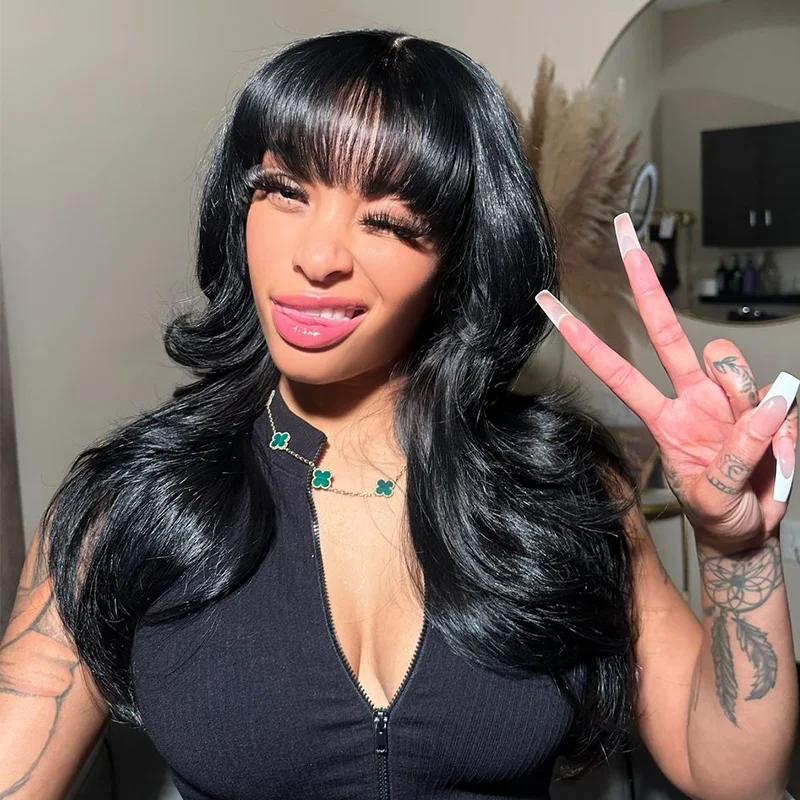 Straight wig with bangs for a youthful and cute appearance Double Drawn Wear Go Glueless Heavy Layers Choppy Bang Jet Black Body Wave Human Hair Wig Straight wig with bangs for a youthful and cute appearance Double Drawn Wear Go Glueless Heavy Layers Choppy Bang Jet Black Body Wave Human Hair Wig