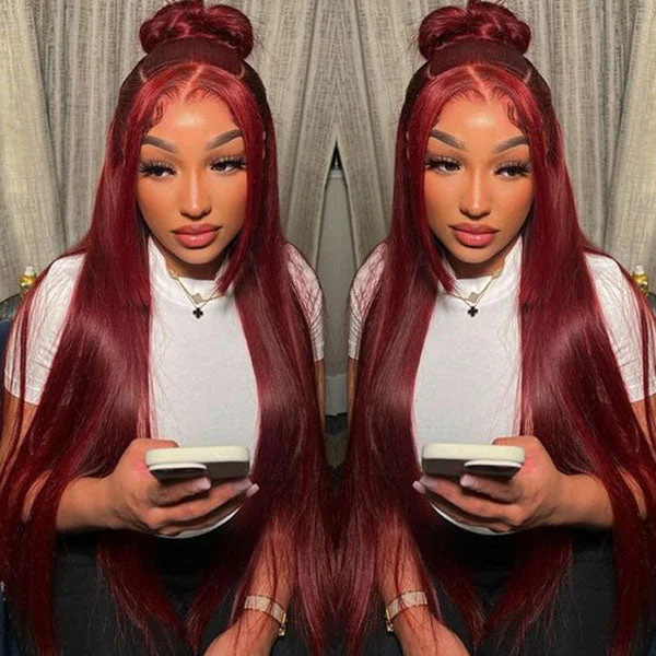 Human - hair colored wig for a natural and luxurious feel Junoda 99J Straight Pre Cut Lace Burgundy Red Lace Front Glueless Human Hair Wigs Human - hair colored wig for a natural and luxurious feel Junoda 99J Straight Pre Cut Lace Burgundy Red Lace Front Glueless Human Hair Wigs