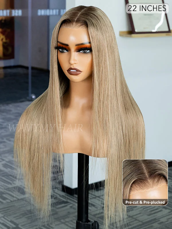 Colored wig with a natural - looking root for a more realistic look Wavymy Ombre Ash Blonde Hair with Brown Root Straight Hair 6x4 Lace Wear Go Glueless Wig 180% Density Colored wig with a natural - looking root for a more realistic look Wavymy Ombre Ash Blonde Hair with Brown Root Straight Hair 6x4 Lace Wear Go Glueless Wig 180% Density