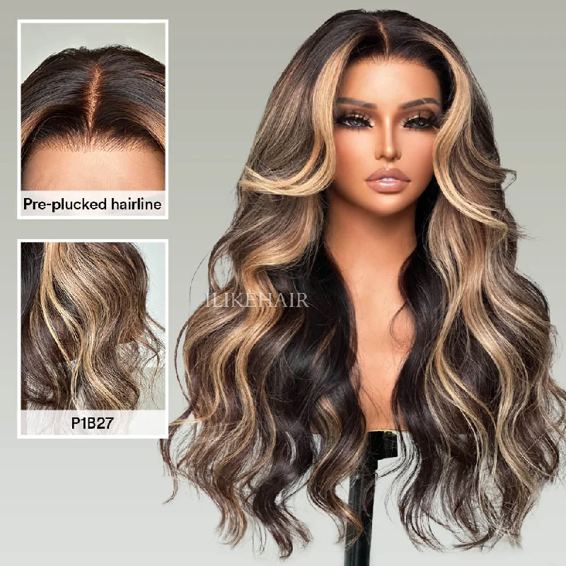 Colored wig with a wavy texture for a beachy and fun look P1B/27 Blonde Highlight Long Body Wave Lace Wig Colored wig with a wavy texture for a beachy and fun look P1B/27 Blonde Highlight Long Body Wave Lace Wig