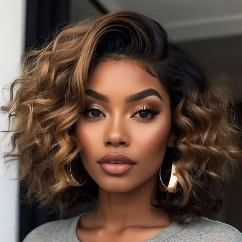 Colored wig with a side - swept bang for a sophisticated look Short Ombre Honey Blonde Wavy Glueless 5x5 Lace Closure Wig Colored wig with a side - swept bang for a sophisticated look Short Ombre Honey Blonde Wavy Glueless 5x5 Lace Closure Wig
