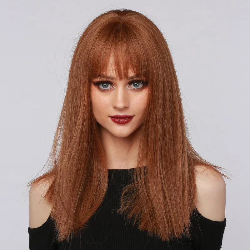 Thick straight wig for a full - bodied look 17 Inches Reddish Brown Straight Blunt Cut Synthetic Wig - Retro Thick straight wig for a full - bodied look 17 Inches Reddish Brown Straight Blunt Cut Synthetic Wig - Retro
