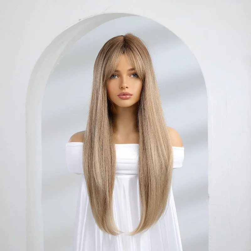 Straight wig for chemotherapy patients with sensitive scalps 28 Inches Straight Hair With Bangs Synthetic Wig - Genevieve