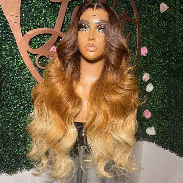 Colored wig with a middle - part for a classic and elegant style Junoda 3 Tone Color Ombre Body Wave Wig Brown Caramel Blonde 613 Human Hair Wigs Colored wig with a middle - part for a classic and elegant style Junoda 3 Tone Color Ombre Body Wave Wig Brown Caramel Blonde 613 Human Hair Wigs