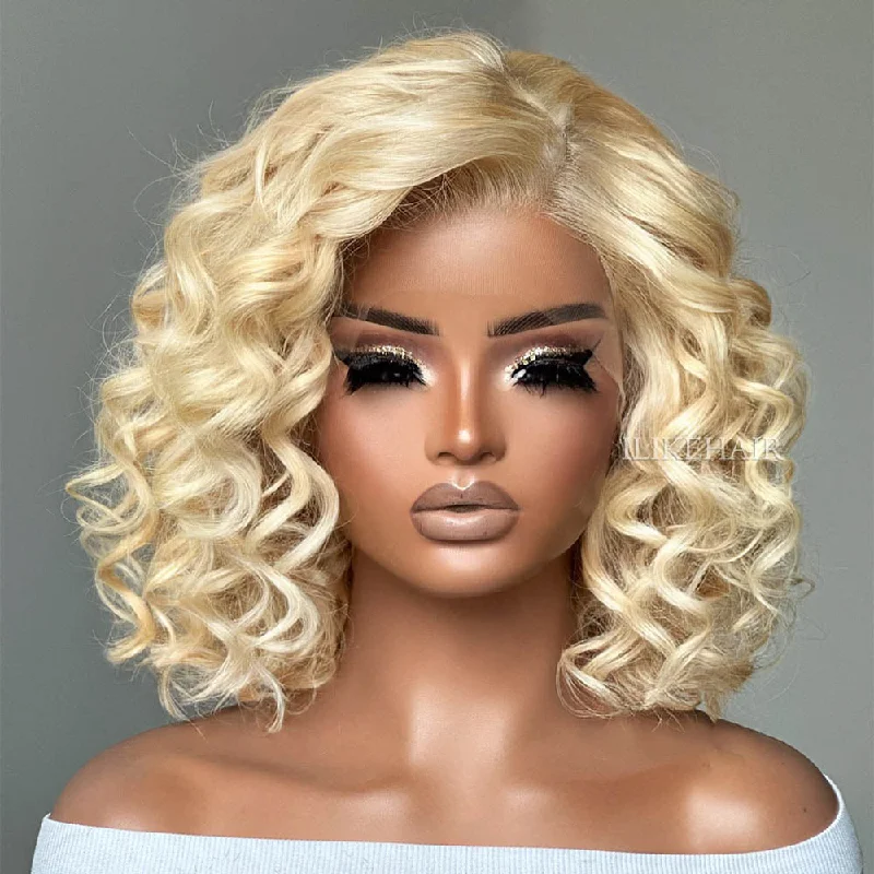 Colored wig with a blue - green ombre effect for a unique and trendy appearance Stylish #613 Blonde Short Bouncy Curly 13x4 Lace Front Wig Colored wig with a blue - green ombre effect for a unique and trendy appearance Stylish #613 Blonde Short Bouncy Curly 13x4 Lace Front Wig