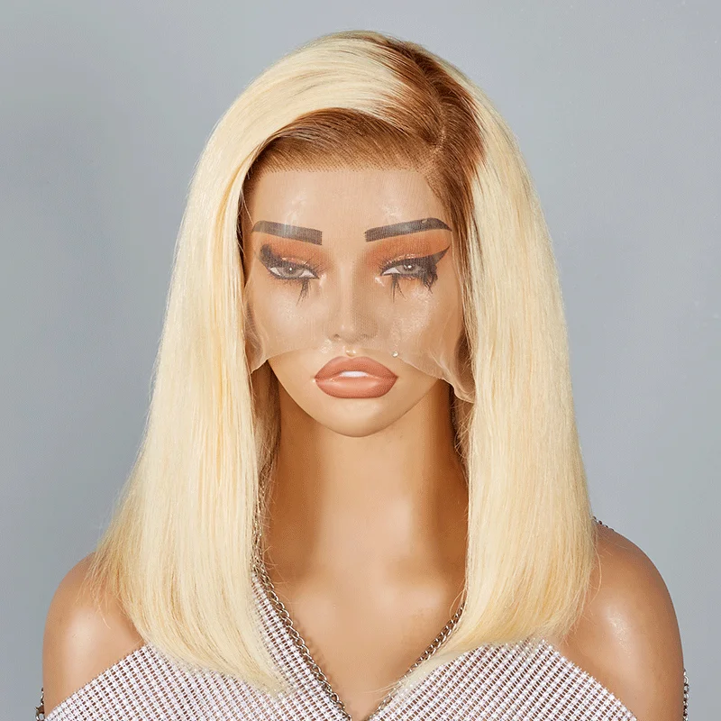 Straight wig for a retro 80s - style comeback 13x4 C Part Brown Blend Blonde Lace Frontal Human Hair Bob Wig Straight wig for a retro 80s - style comeback 13x4 C Part Brown Blend Blonde Lace Frontal Human Hair Bob Wig