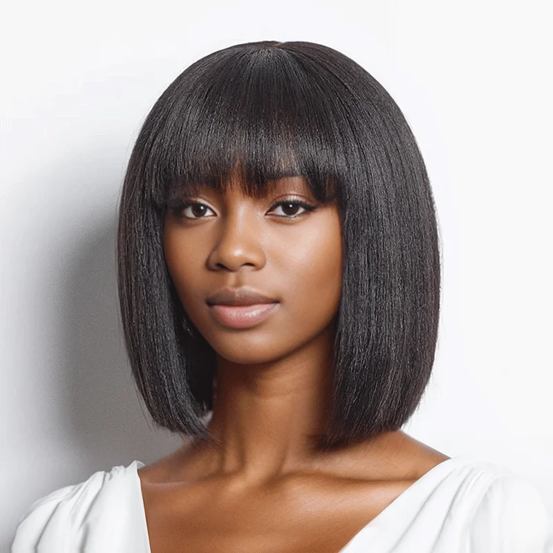 Wavy - to - straight transition wig for versatile styling For Beginners Glueless Yaki Straight Bob Wig Wavy - to - straight transition wig for versatile styling For Beginners Glueless Yaki Straight Bob Wig