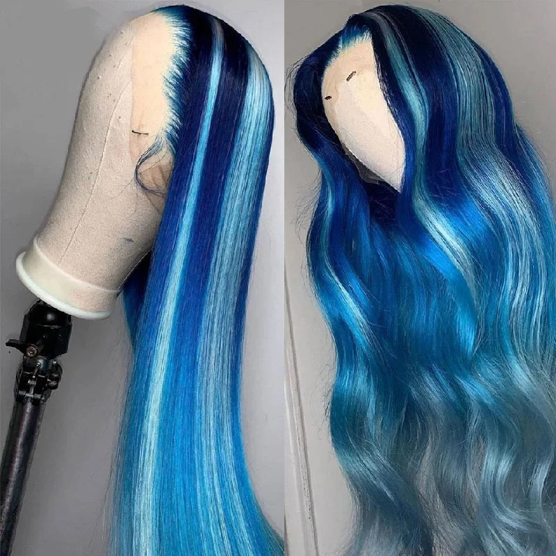 Colored wig with a straight texture for a sleek and minimalist look Blue Highlights Colored Wigs 100% Human Hair Colored wig with a straight texture for a sleek and minimalist look Blue Highlights Colored Wigs 100% Human Hair