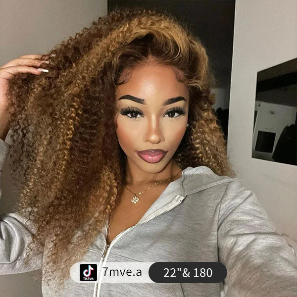 Colored wig with a middle - part for a classic and elegant style Junoda 6x4.5 Pre Cut Lace Kinky Curly Mix Color Highlight Blonde Brown Glueless Wig Colored wig with a middle - part for a classic and elegant style Junoda 6x4.5 Pre Cut Lace Kinky Curly Mix Color Highlight Blonde Brown Glueless Wig
