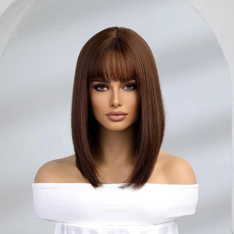 Straight wig for a back - to - school fresh look 17 Inches Bob With Bangs Synthetic Wig - Wren
