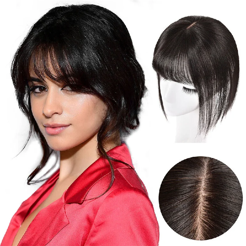 Human - hair wig with a side - part for a more flattering appearance100% Human Hair Clip in Silk Mono Topper Hair Piece With 3D Air Bang Hairpiece
