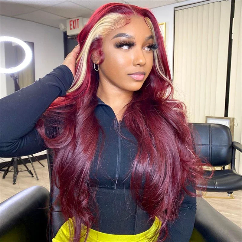 Synthetic colored wig with a heat - resistant formula for easy styling13x4 Burgundy & Blonde Skunk Stripe Lace Front Wig Transparent Human Hair Wig 180% Density Synthetic colored wig with a heat - resistant formula for easy styling13x4 Burgundy & Blonde Skunk Stripe Lace Front Wig Transparent Human Hair Wig 180% Density