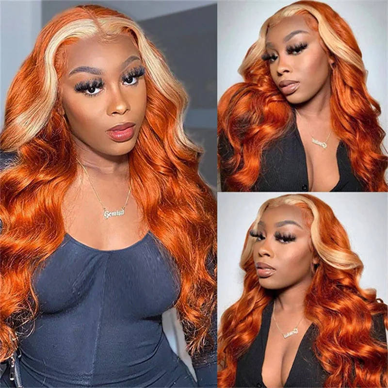 Human - hair colored wig for a natural and luxurious feelSkunk Stripe Ginger Orange Wigs With 613 Blonde Highlights Pre Plucked Body Wave Wigs 13x4 Transparent Lace Front Wigs Human - hair colored wig for a natural and luxurious feelSkunk Stripe Ginger Orange Wigs With 613 Blonde Highlights Pre Plucked Body Wave Wigs 13x4 Transparent Lace Front Wigs