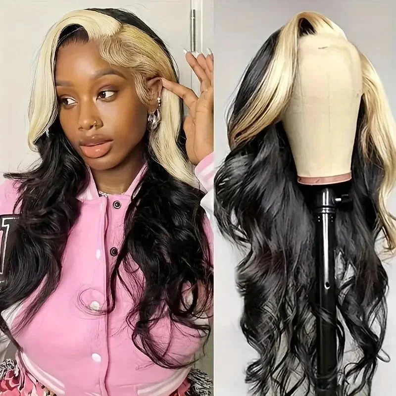 Colored wig with a side - swept bang for a sophisticated lookLemoda Skunk Stripe Natural Black with 613 Blonde Body Wave 13x4 Transparent Lace Front Wig 180% Density Colored wig with a side - swept bang for a sophisticated lookLemoda Skunk Stripe Natural Black with 613 Blonde Body Wave 13x4 Transparent Lace Front Wig 180% Density