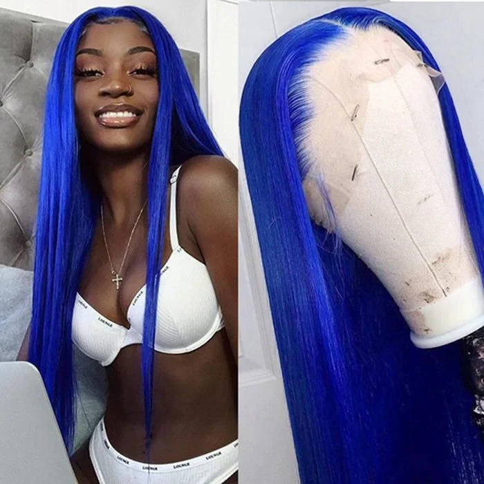 Human - hair wig with a natural - looking root for a more realistic look13x4 Transparent HD Lace Front Pre-Plucked Blue Human Hair Wigs For Women