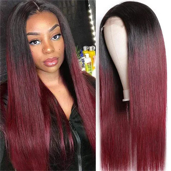Adjustable - cap human - hair wig for a comfortable fit1B 99J Ombre Straight Lace Front Human Hair Wigs With Pre-plucked Hairline