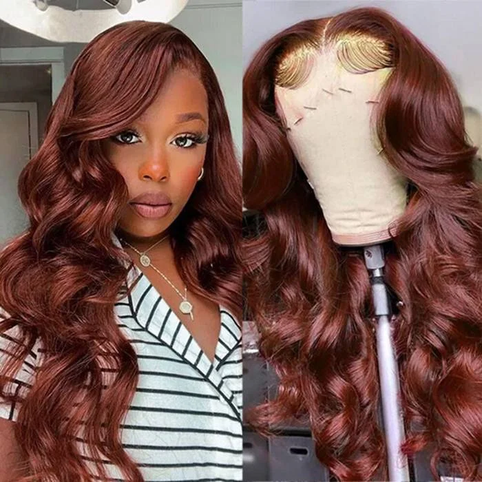 Brazilian - human - hair wig with a full and voluminous look#33 Auburn Brown Body Wave 4x4 Lace Closure Glueless Colored Human Hair Wigs